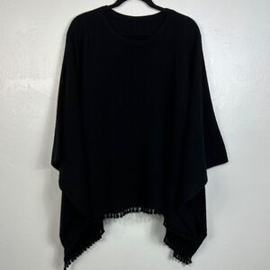 Black Comfy Soft Poncho With Pom Pom Fringe Trim One Size